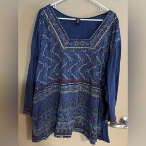 Blue and Red Patterned Cotton Tunic with Intricate Beads
